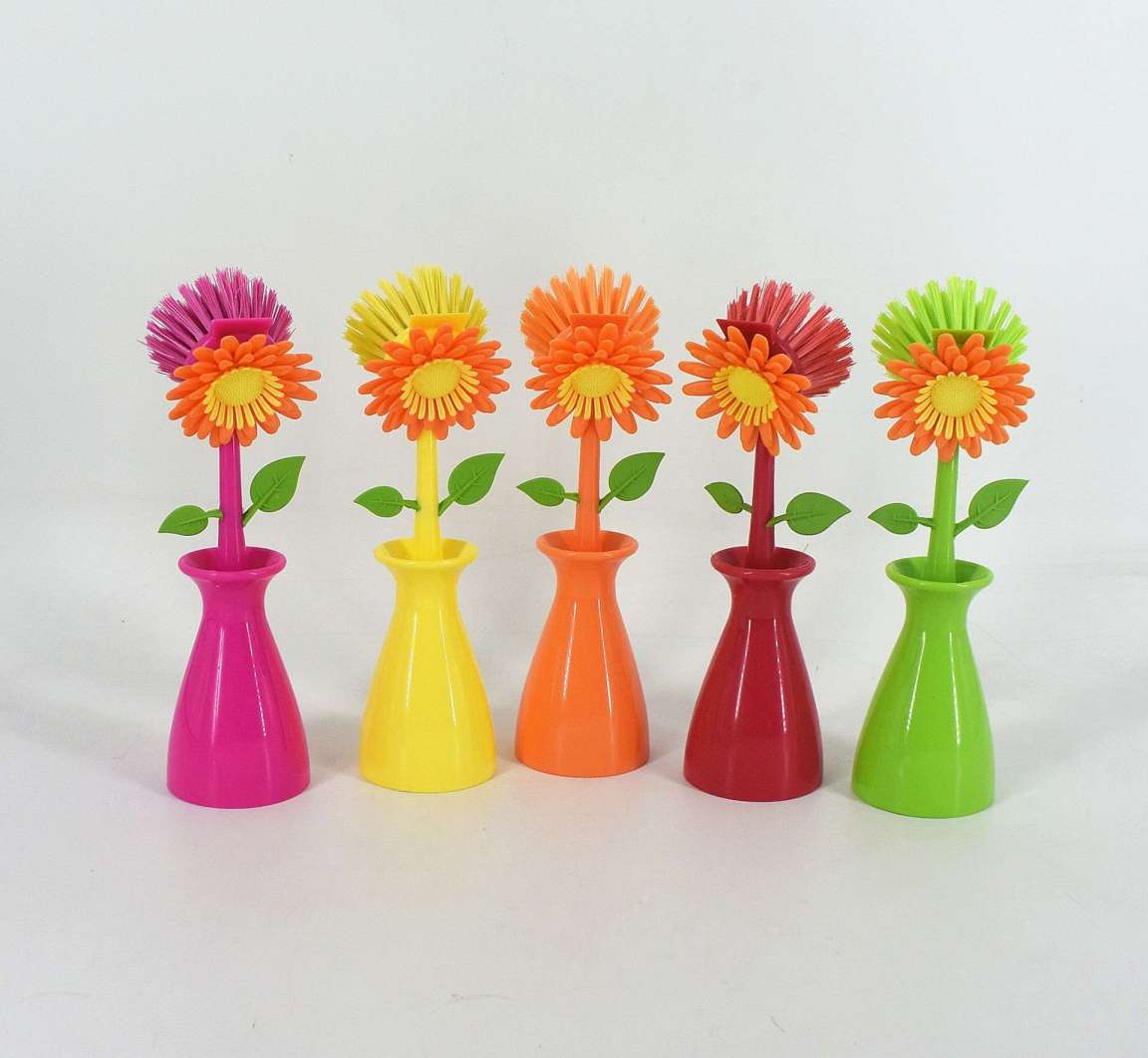 new product plastic flower style dish cleaning brush with holder set